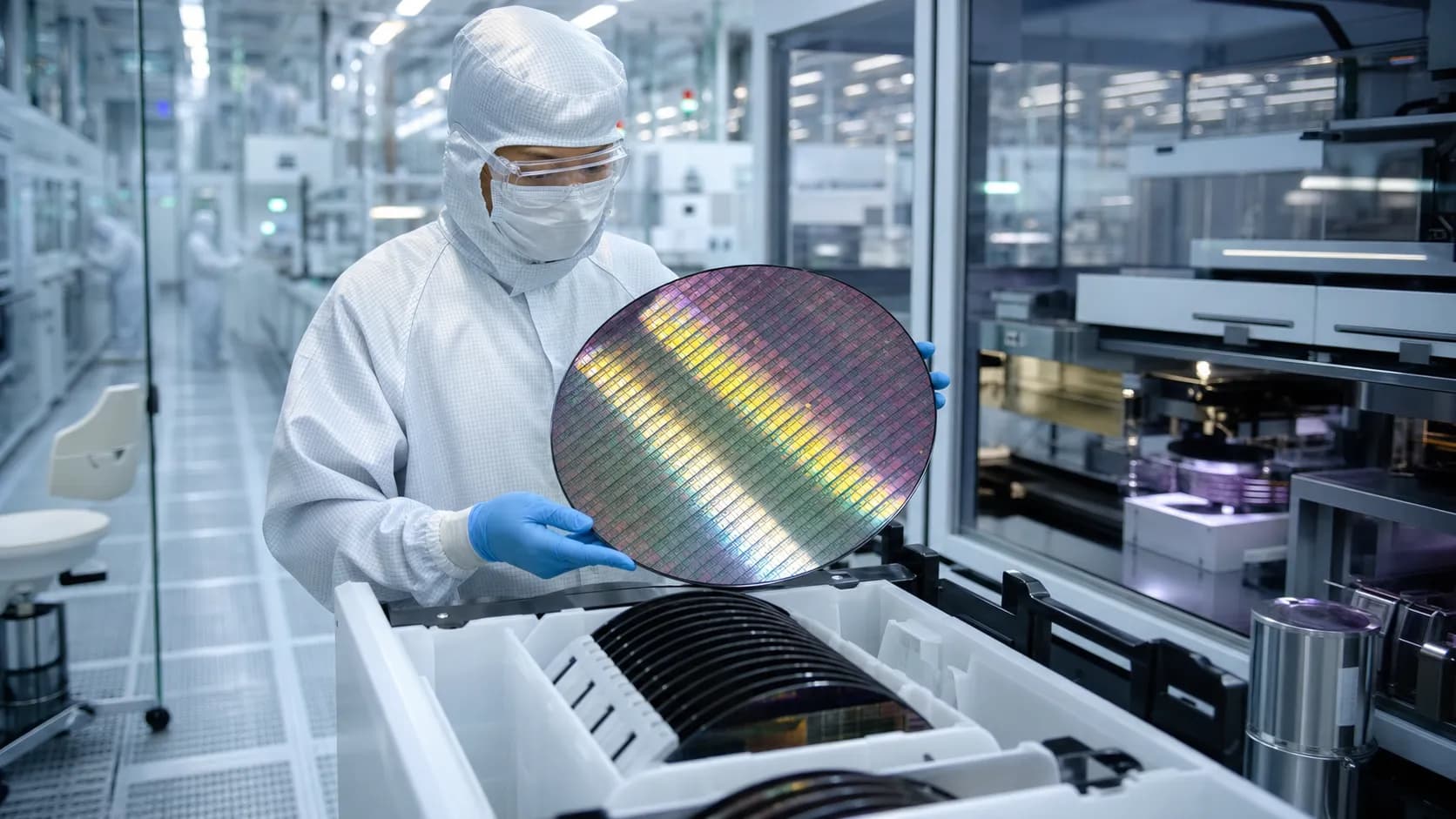 Engineers inspecting semiconductor wafers inside a modern fabrication facility