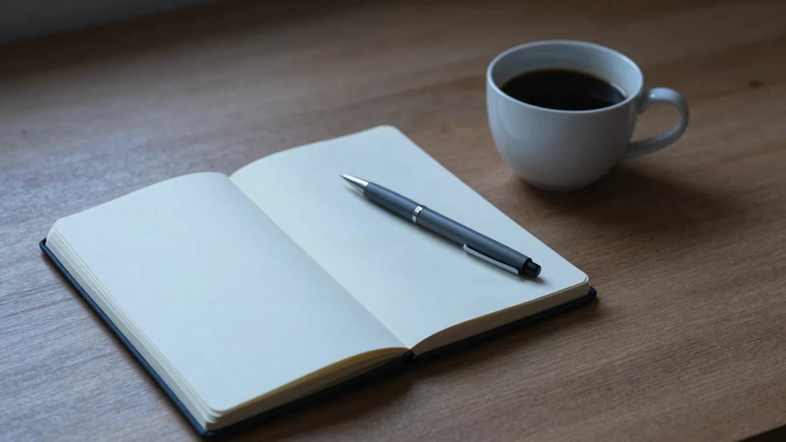 An open notebook and pen on a desk in morning light