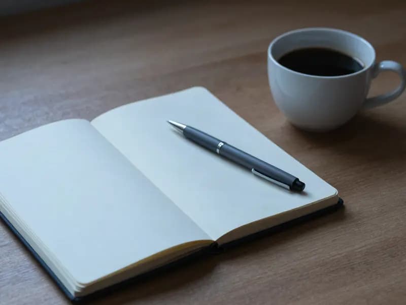 An open notebook and pen on a desk in morning light