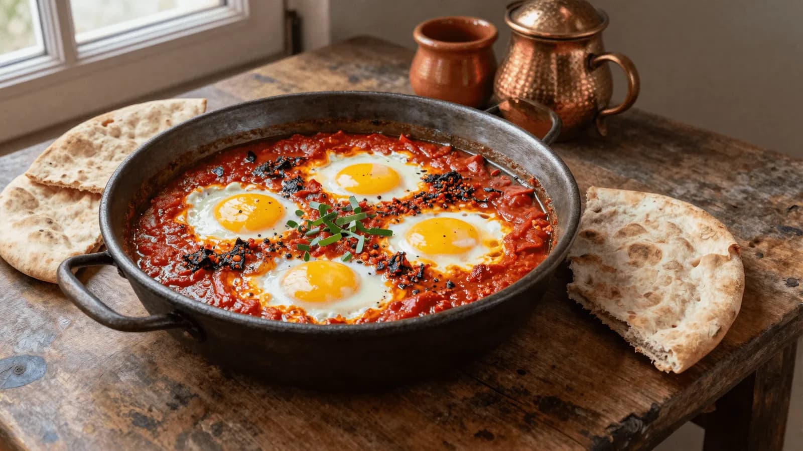 A pan of shakshuka with eggs set in a deep red pepper and tomato sauce