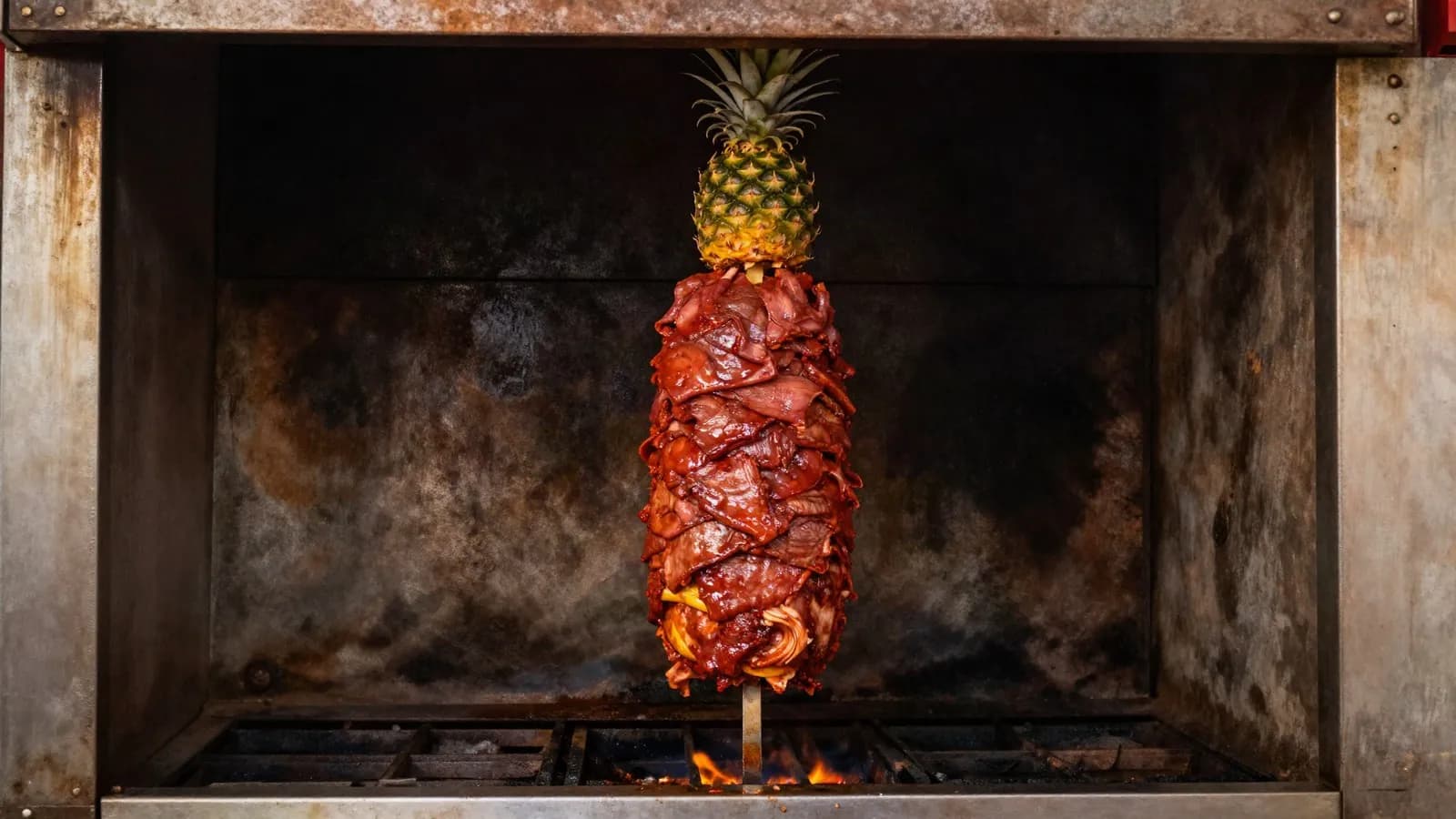A vertical trompo of red marinated pork with a pineapple fixed on top