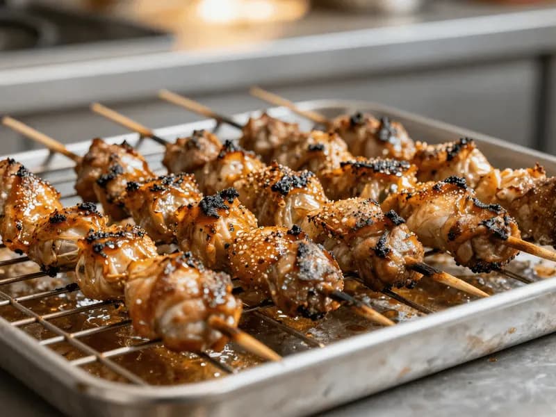 Chicken skewers on a wire rack over a baking tray, browned and blistered from the oven