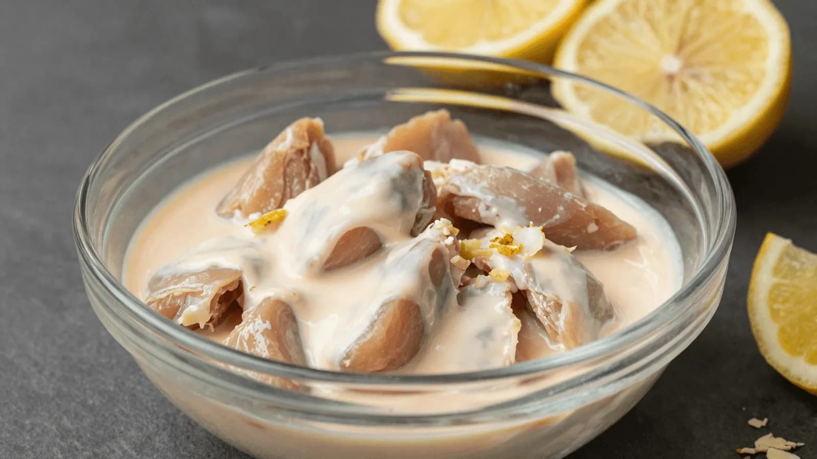 Cubed chicken folded through a pale orange yogurt marinade in a glass bowl