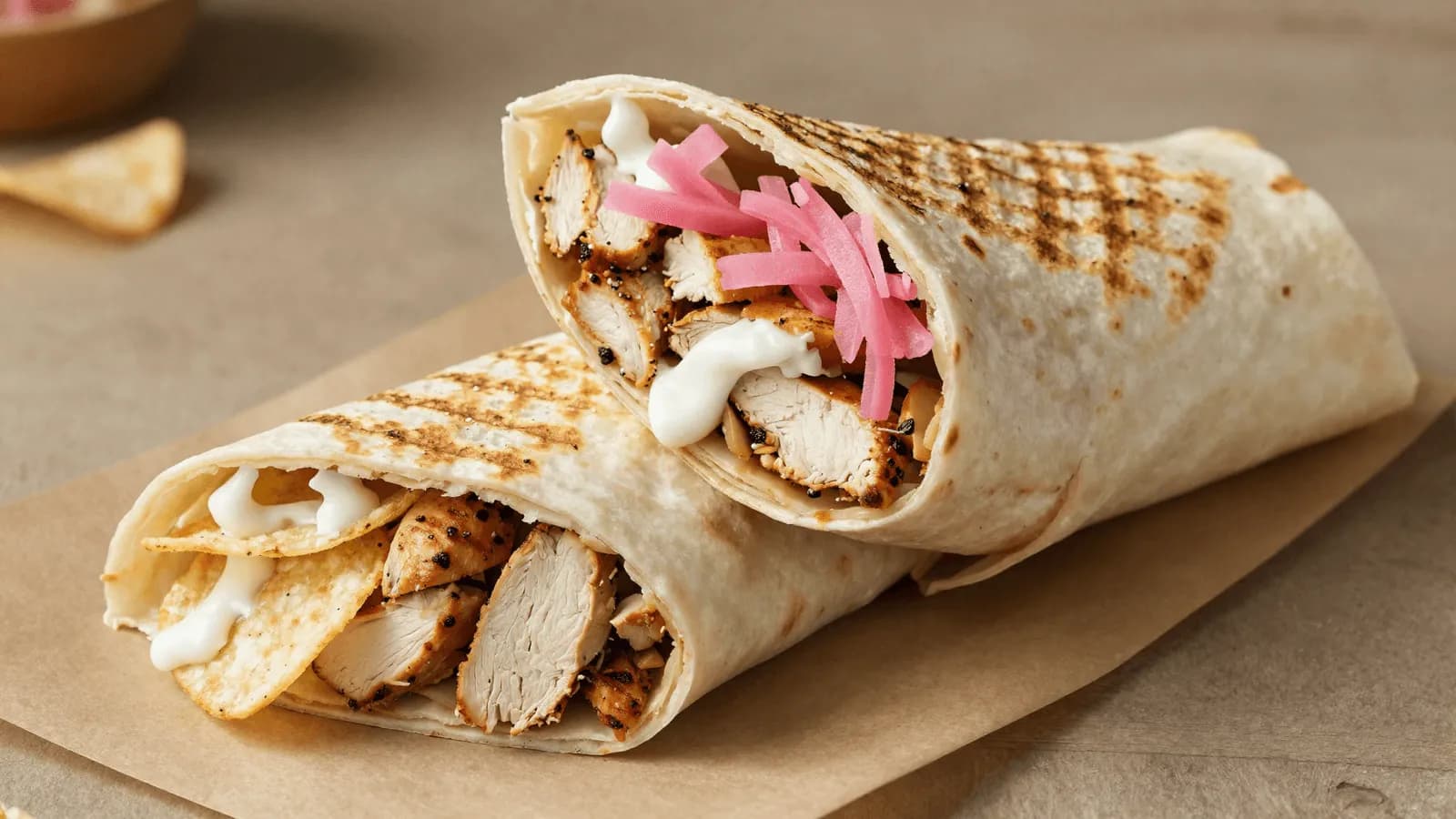 A tightly rolled chicken wrap cut in half, pickles and chips visible in the filling
