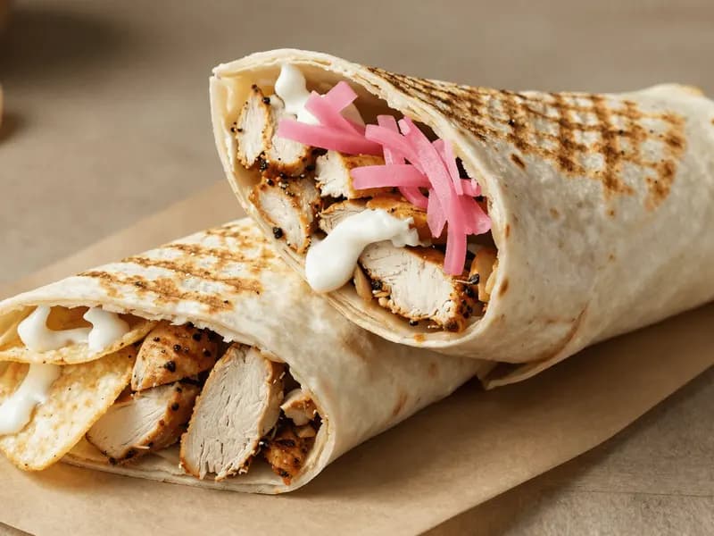 A tightly rolled chicken wrap cut in half, pickles and chips visible in the filling