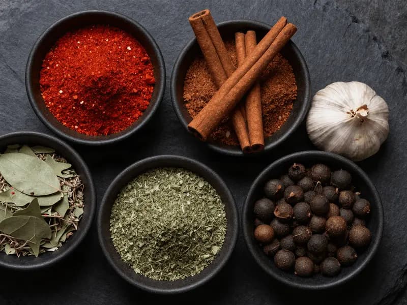 Small bowls of paprika, cinnamon, allspice and dried oregano on a dark surface