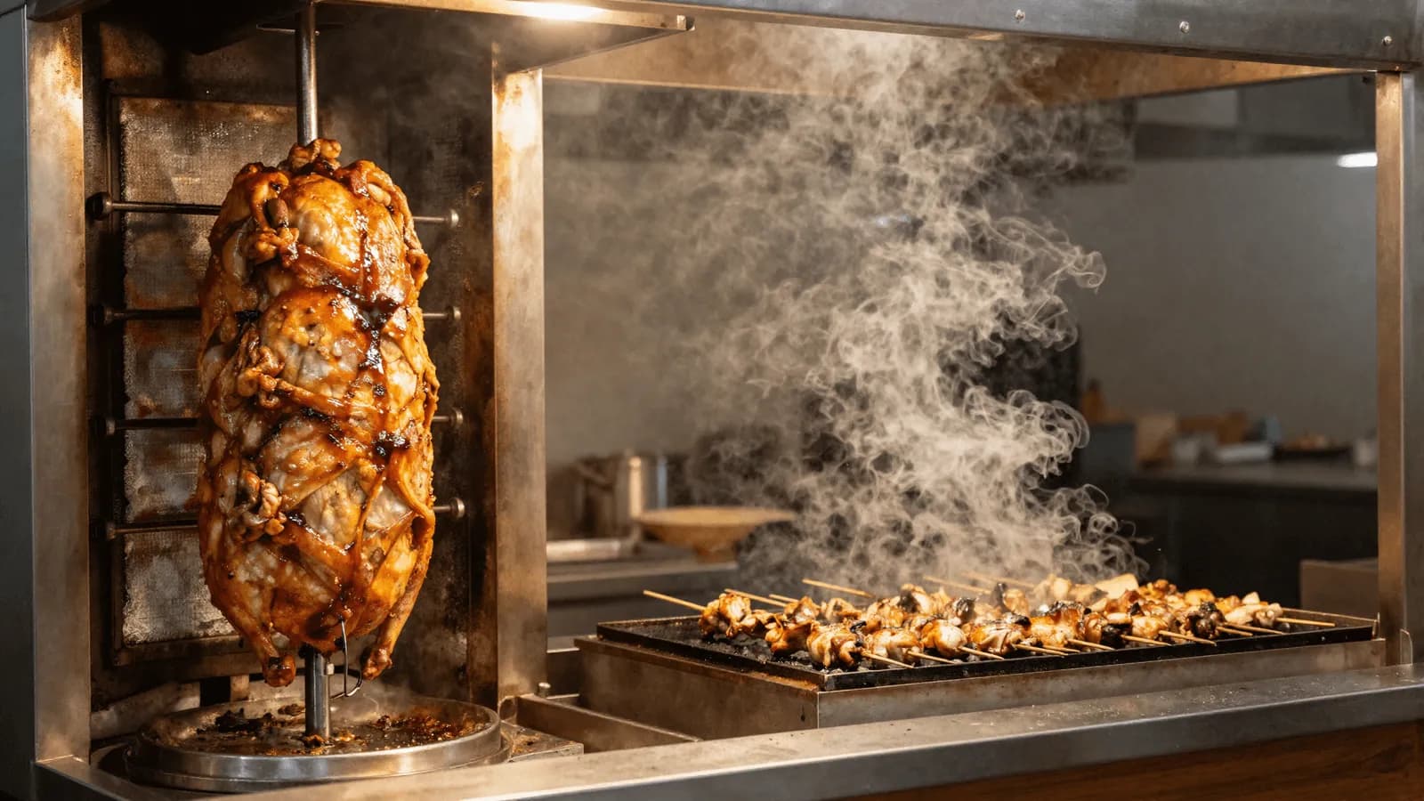 A vertical shawarma spit turning beside a charcoal grill of chicken skewers