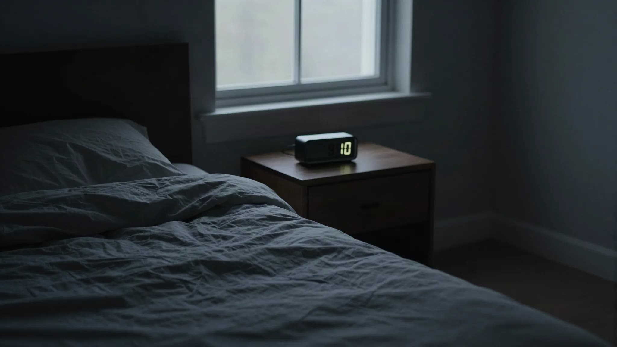 A rumpled empty bed at dawn with a glowing clock