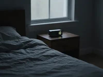 A rumpled empty bed at dawn with a glowing clock