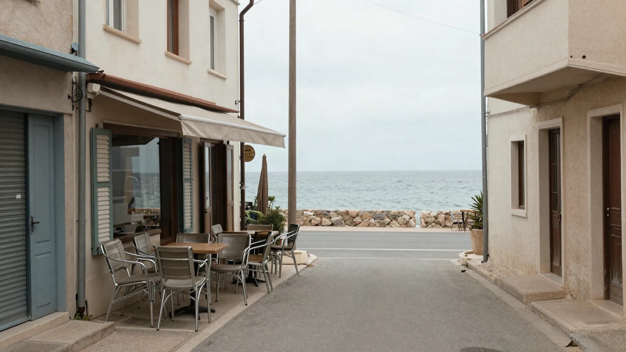 A quiet coastal street out of season with stacked chairs
