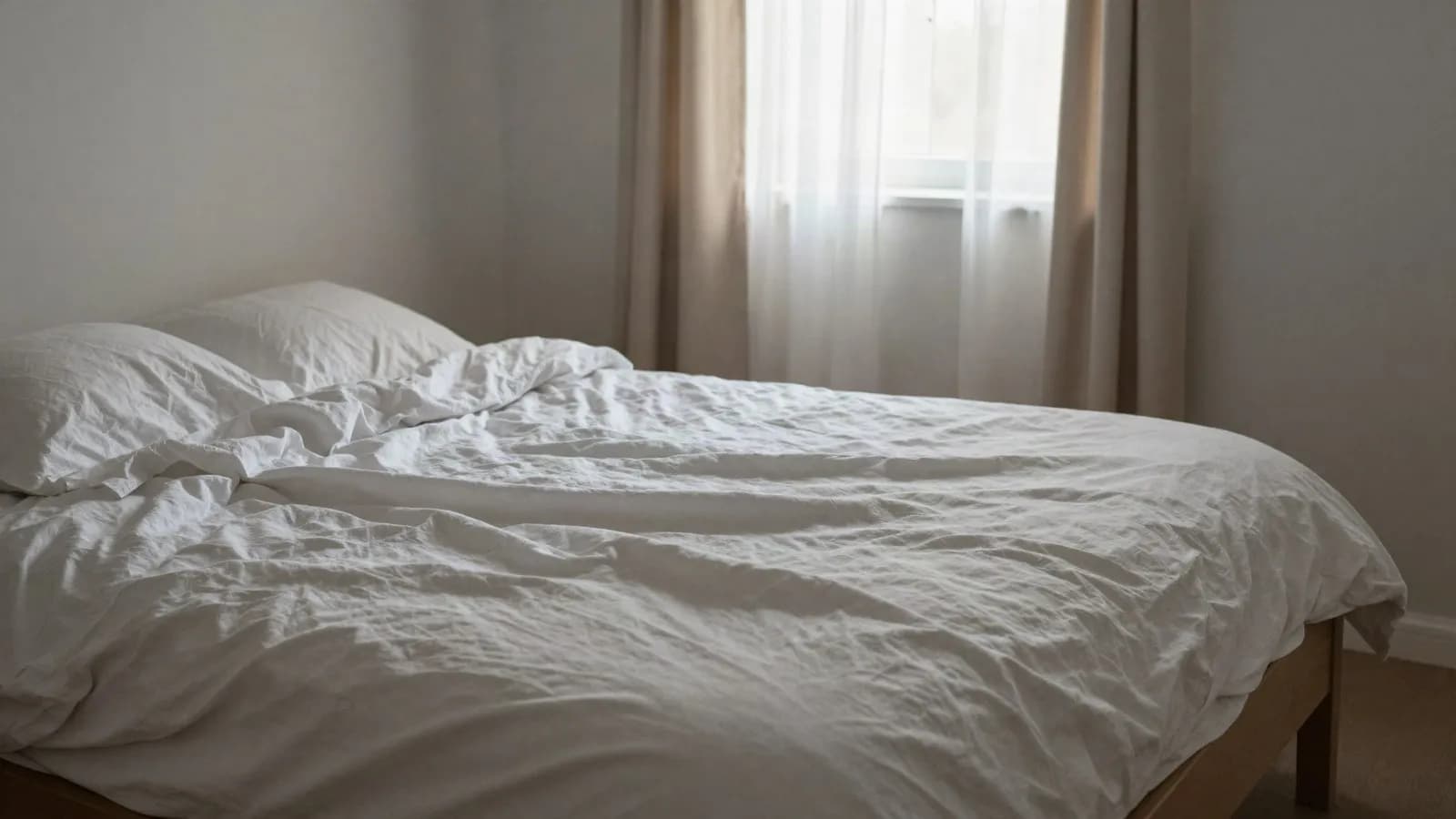 An unmade bed with morning light falling across the linen