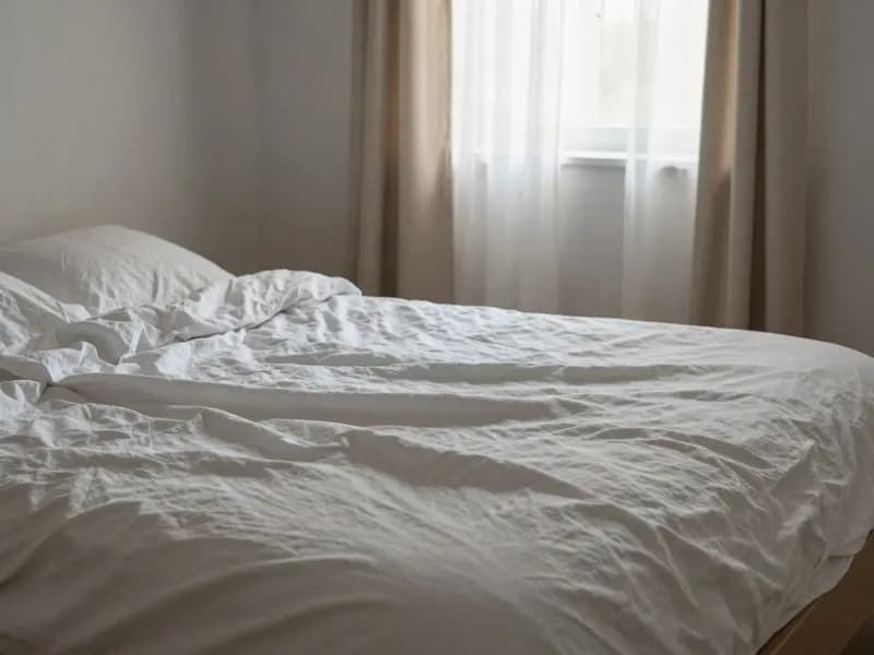 An unmade bed with morning light falling across the linen