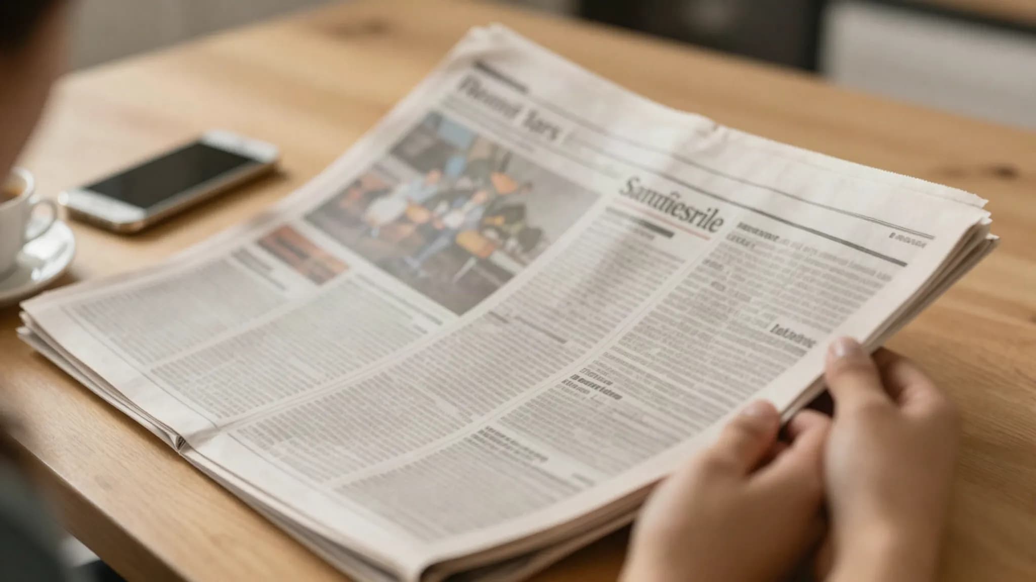 Hands holding a newspaper at a kitchen table