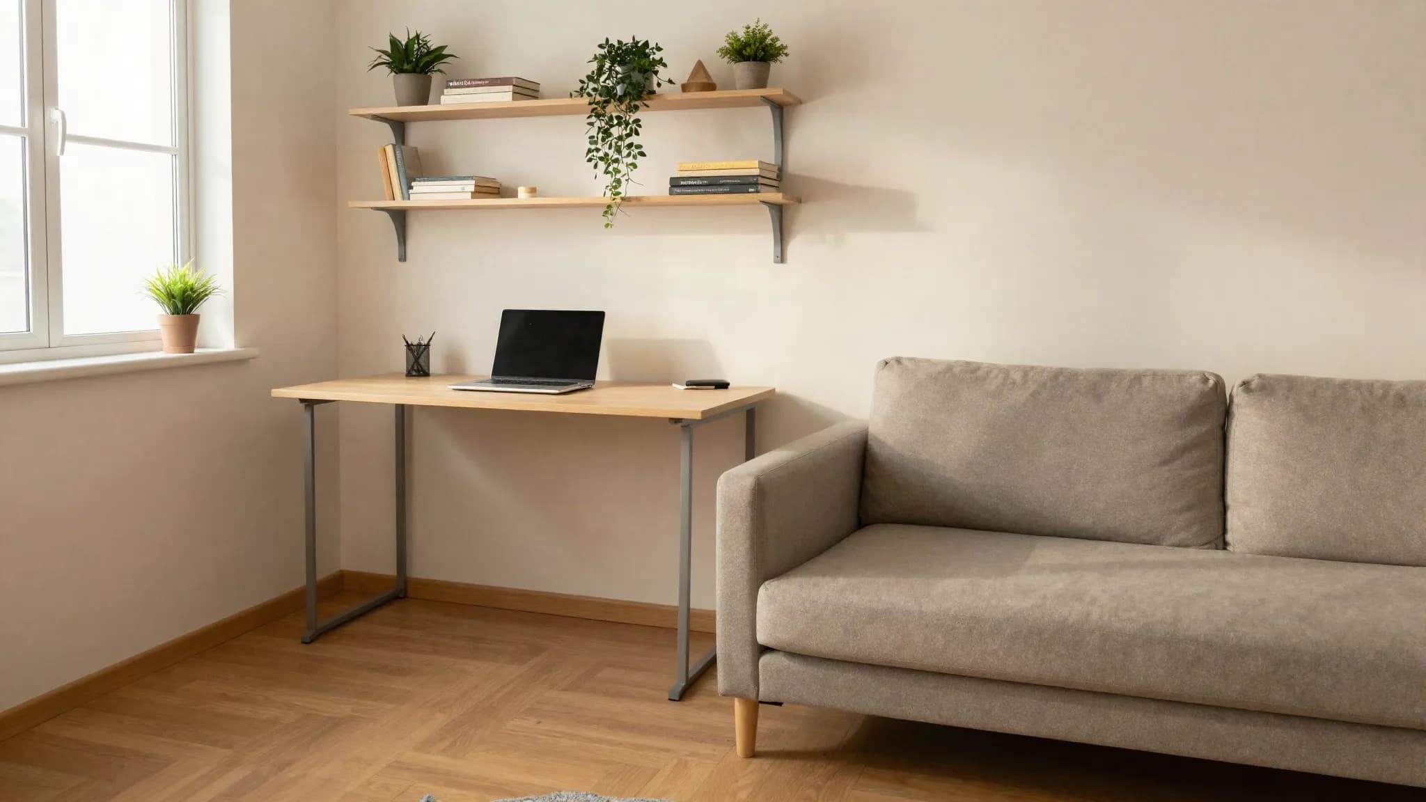 A compact studio apartment with built-in storage