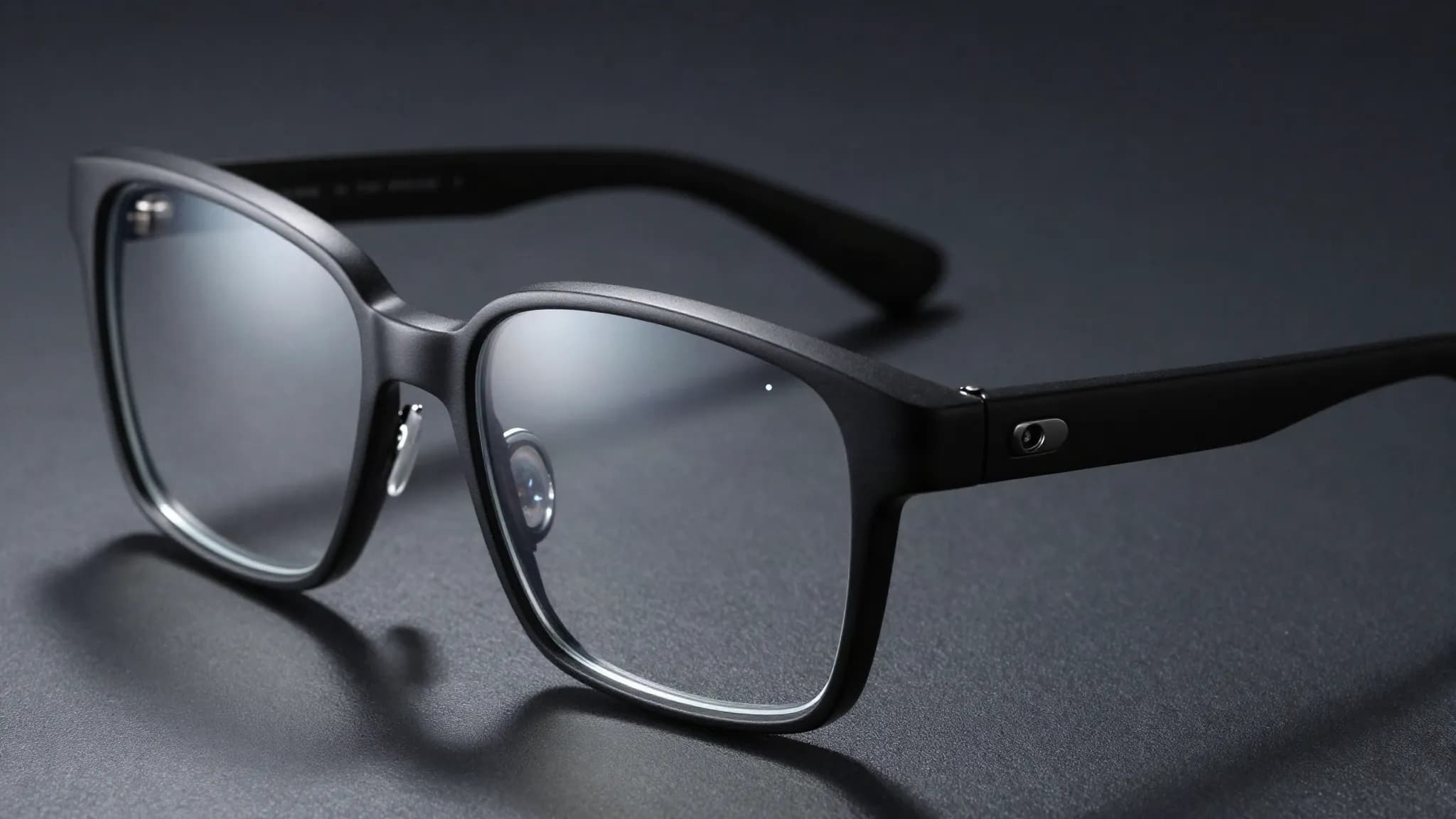 Smart glasses with a camera in the hinge on a dark surface