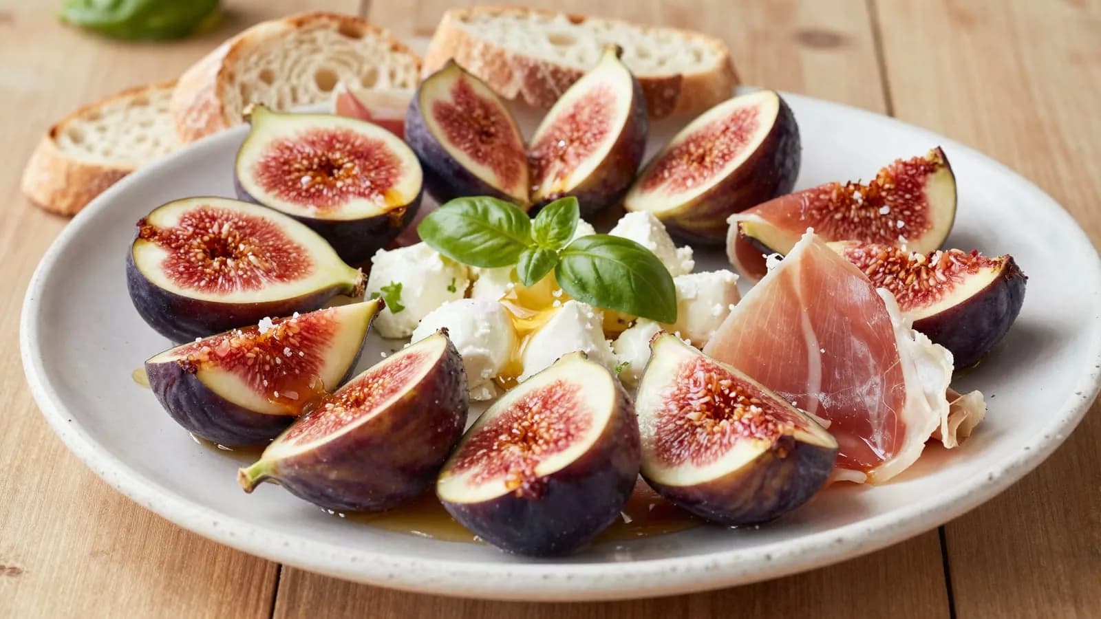 An AI-generated illustration of smashed fresh figs draped with prosciutto and crumbled cheese, drizzled with honey on a platter