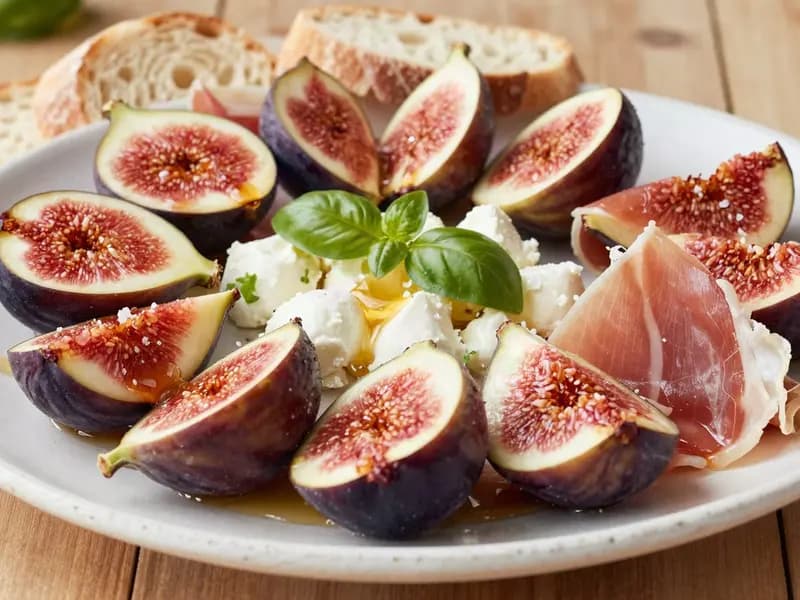 An AI-generated illustration of smashed fresh figs draped with prosciutto and crumbled cheese, drizzled with honey on a platter