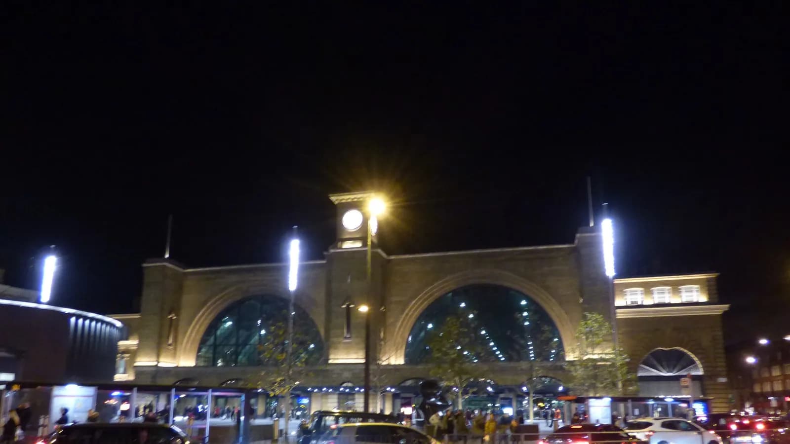 King's Cross station in London at night, seen from the Euston Road