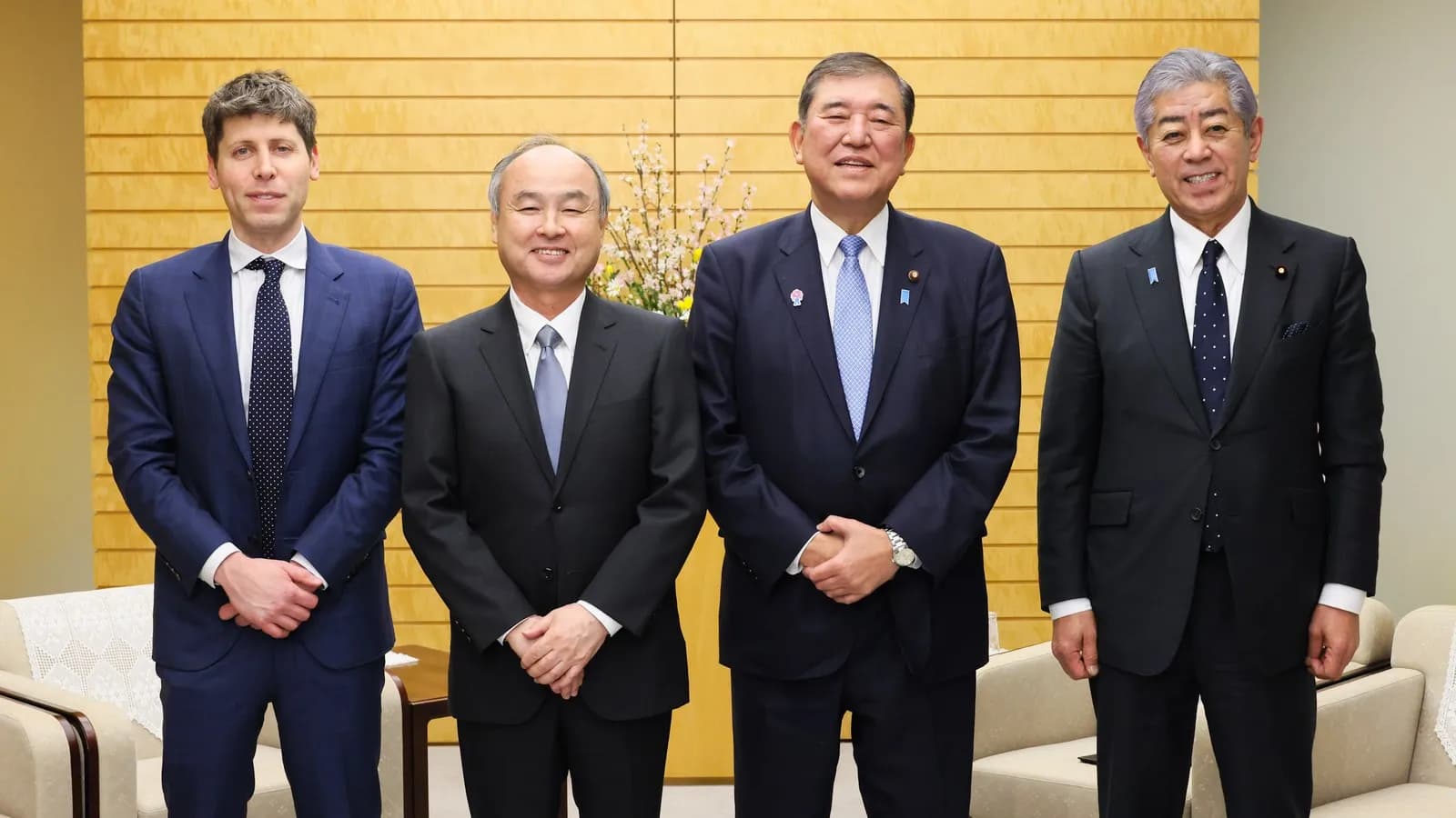 Sam Altman of OpenAI, Masayoshi Son of SoftBank and Japan's prime minister Shigeru Ishiba at a meeting in Tokyo in February 2025, in an official Japanese government photograph