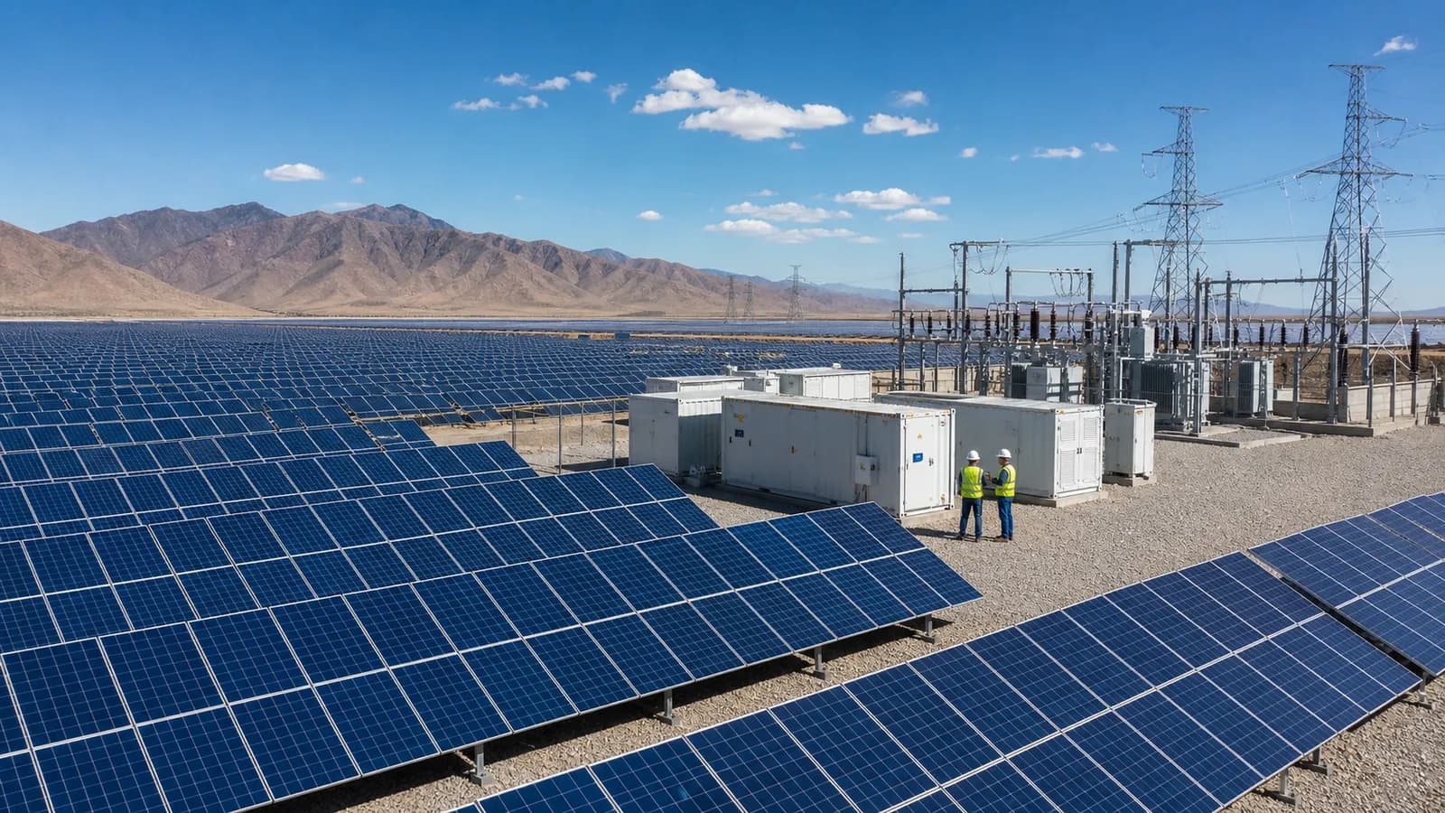 A solar farm connected to transmission lines and battery storage