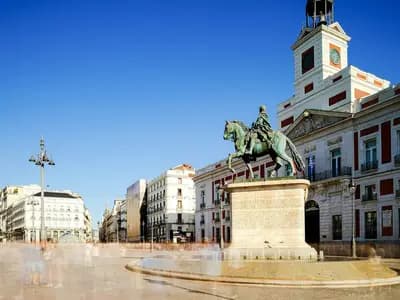 The Puerta del Sol in central Madrid, where protesters set up a camp of tents over the housing crisis, photographed in September 2026