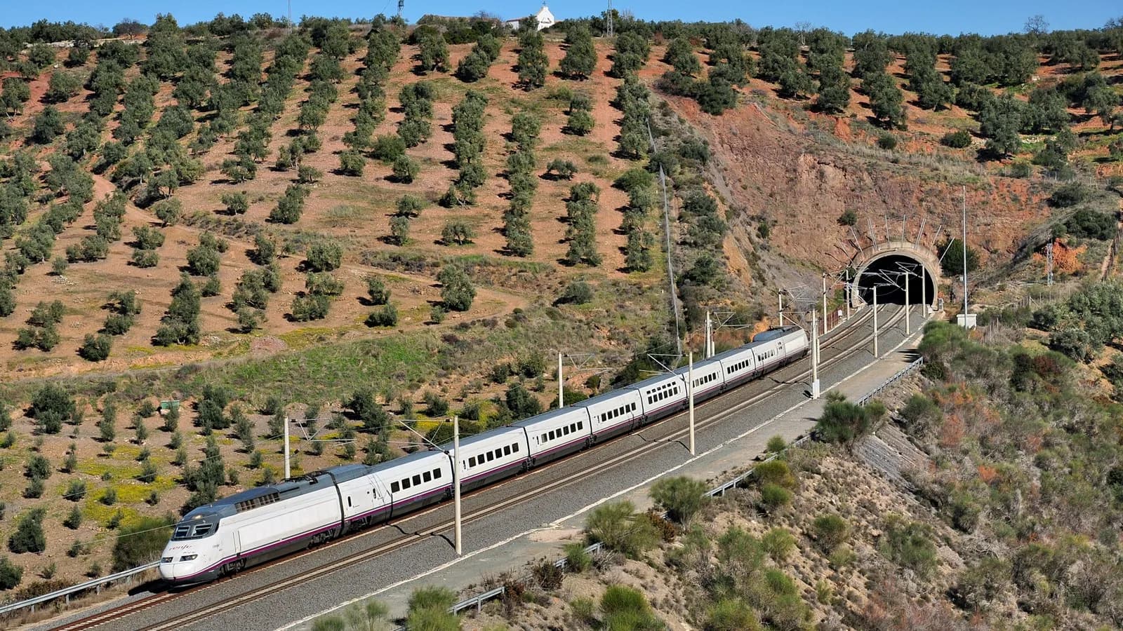 A white and grey Renfe S-100 AVE high-speed train curving along an embankment above olive groves beside a tunnel mouth on the Madrid to Seville line near Adamuz, photographed on 14 January 2017, a file photograph of a Renfe express on this corridor and not of the crash or of either train involved