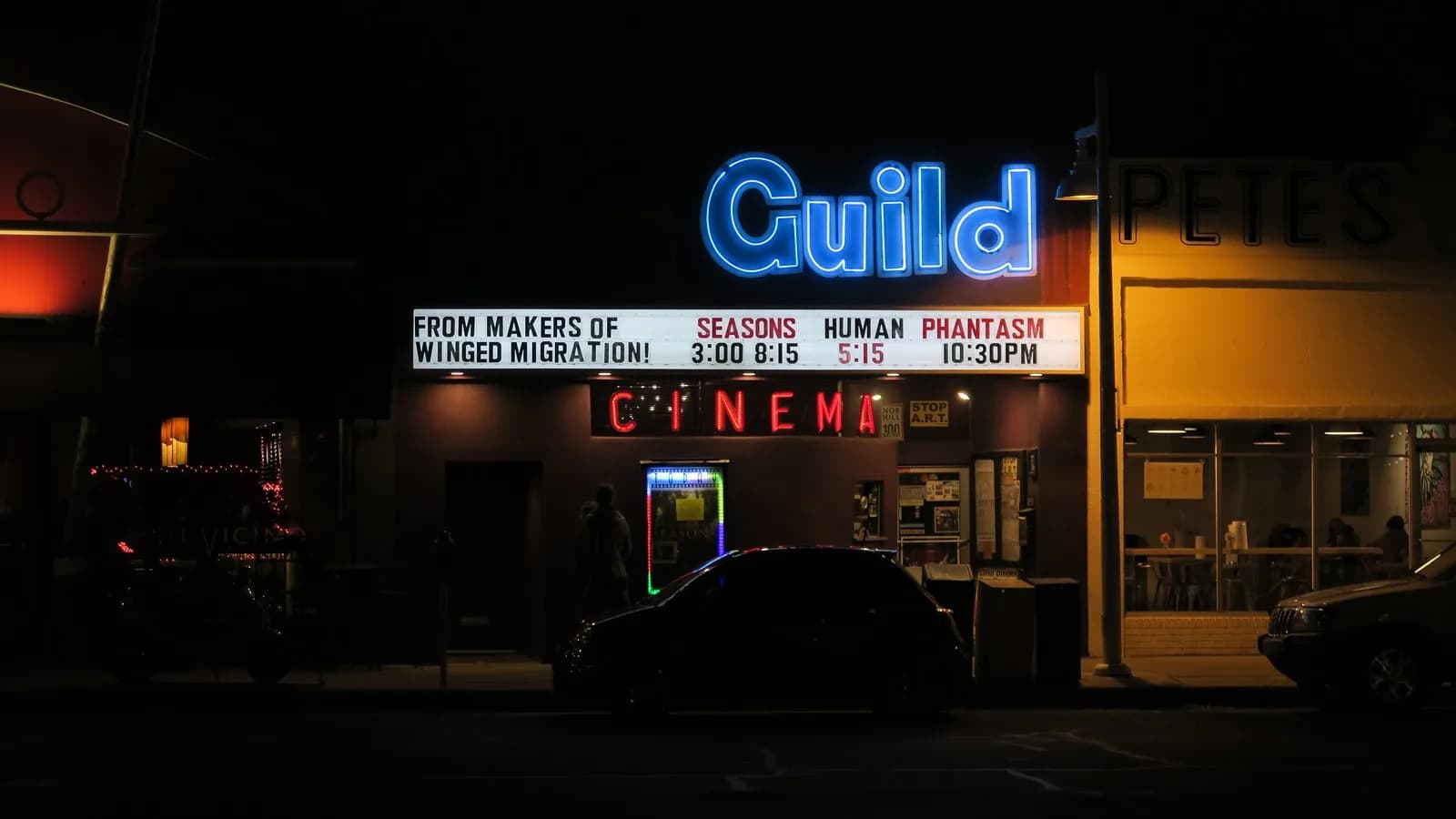 The Guild Cinema, an independent theatre in Albuquerque, New Mexico, illustrative of a cinema marquee at night and not a venue showing this film, photographed in December 2016