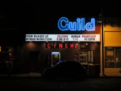 The Guild Cinema, an independent theatre in Albuquerque, New Mexico, illustrative of a cinema marquee at night and not a venue showing this film, photographed in December 2016