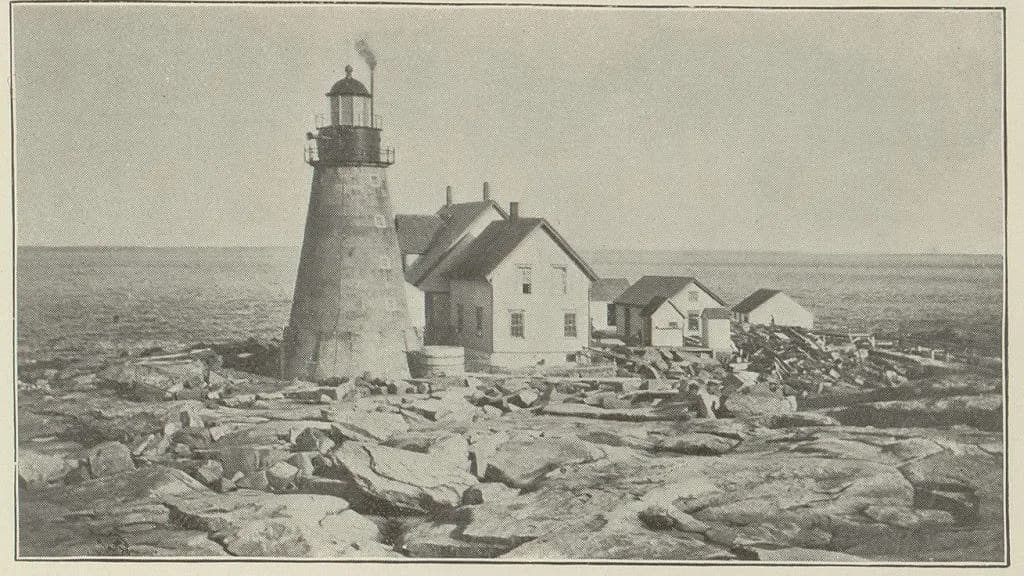 An old print of a stone lighthouse and keepers' houses on a bare rocky islet, catalogued by the Library of Congress as the Mount Desert light-station with a date of 1872, a historical file image of the Maine coast's offshore lights and not of the wreck or of the ship