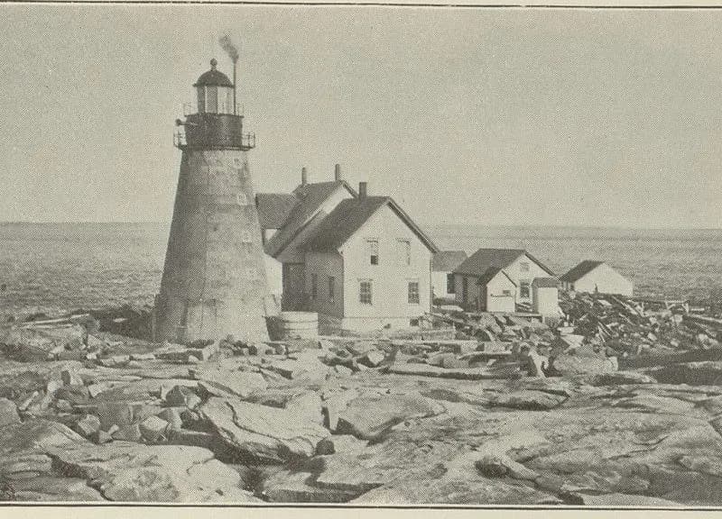 An old print of a stone lighthouse and keepers' houses on a bare rocky islet, catalogued by the Library of Congress as the Mount Desert light-station with a date of 1872, a historical file image of the Maine coast's offshore lights and not of the wreck or of the ship