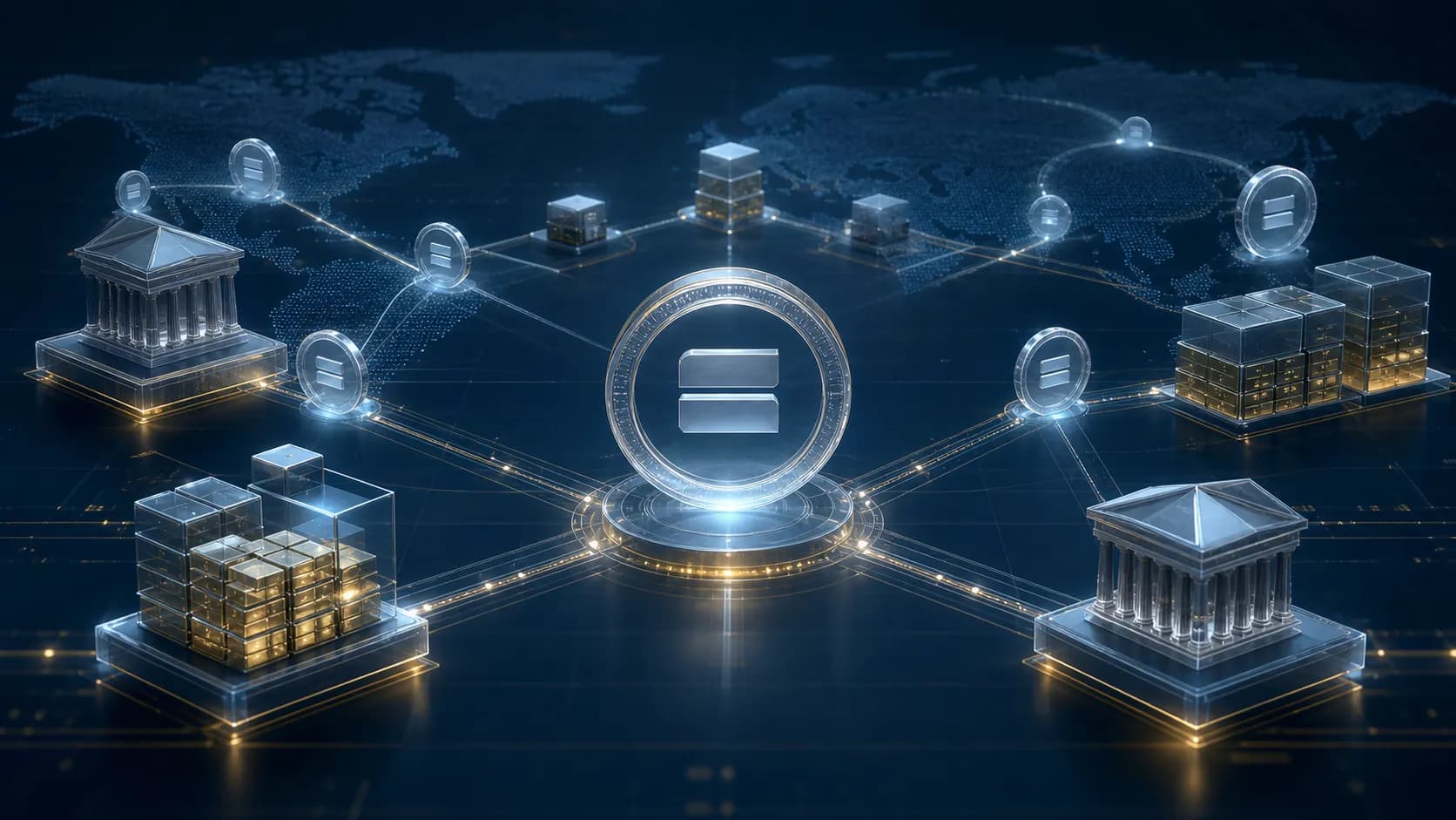 Digital dollar tokens moving through a global payment and reserve network