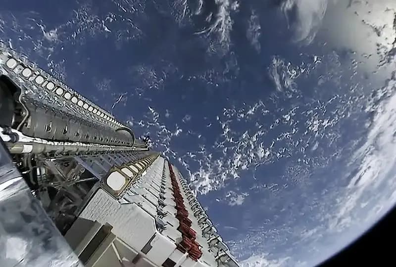 A stack of Starlink satellites on a launch dispenser above the Earth, photographed by SpaceX on 24 May 2019, a file photograph of the satellites and not of Ukrainian equipment