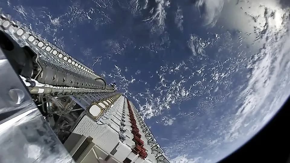 A stack of Starlink satellites on a launch dispenser above the Earth, photographed by SpaceX on 24 May 2019, a file photograph of the satellites and not of Ukrainian equipment