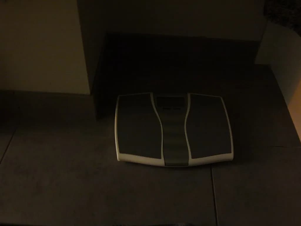 A bathroom scale on a tiled floor photographed in soft natural light