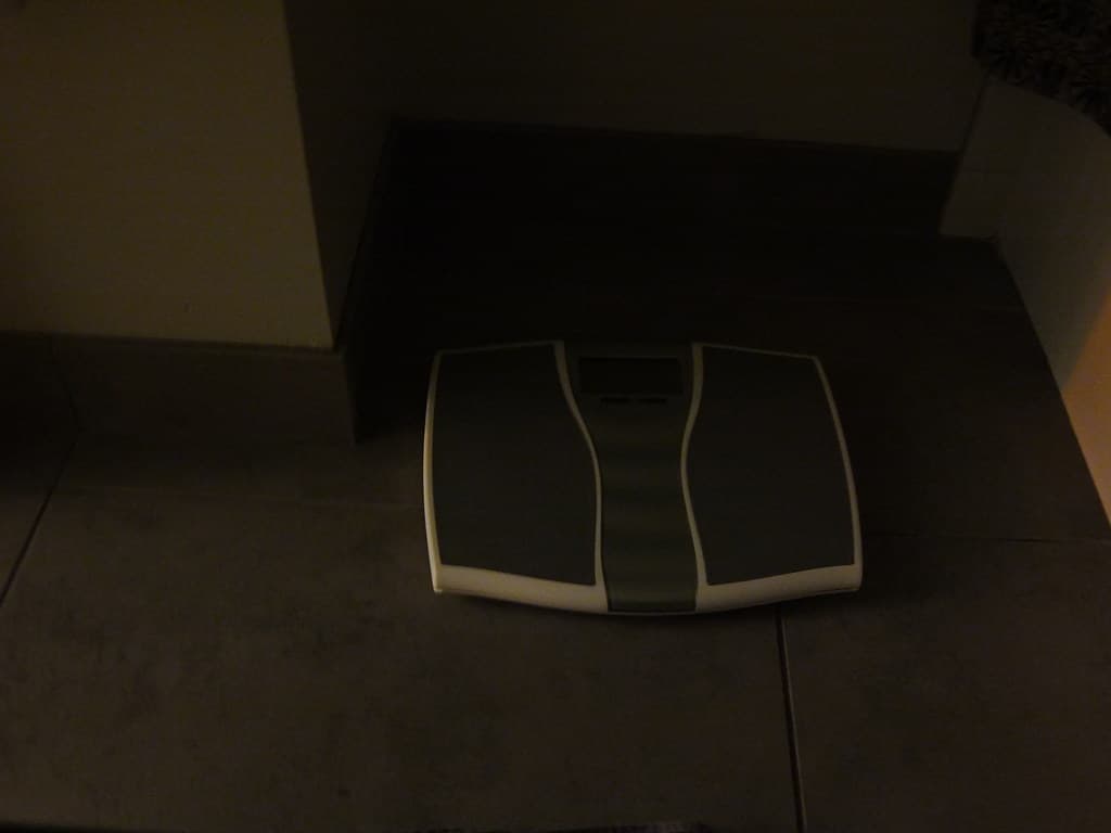 A bathroom scale on a tiled floor photographed in soft natural light