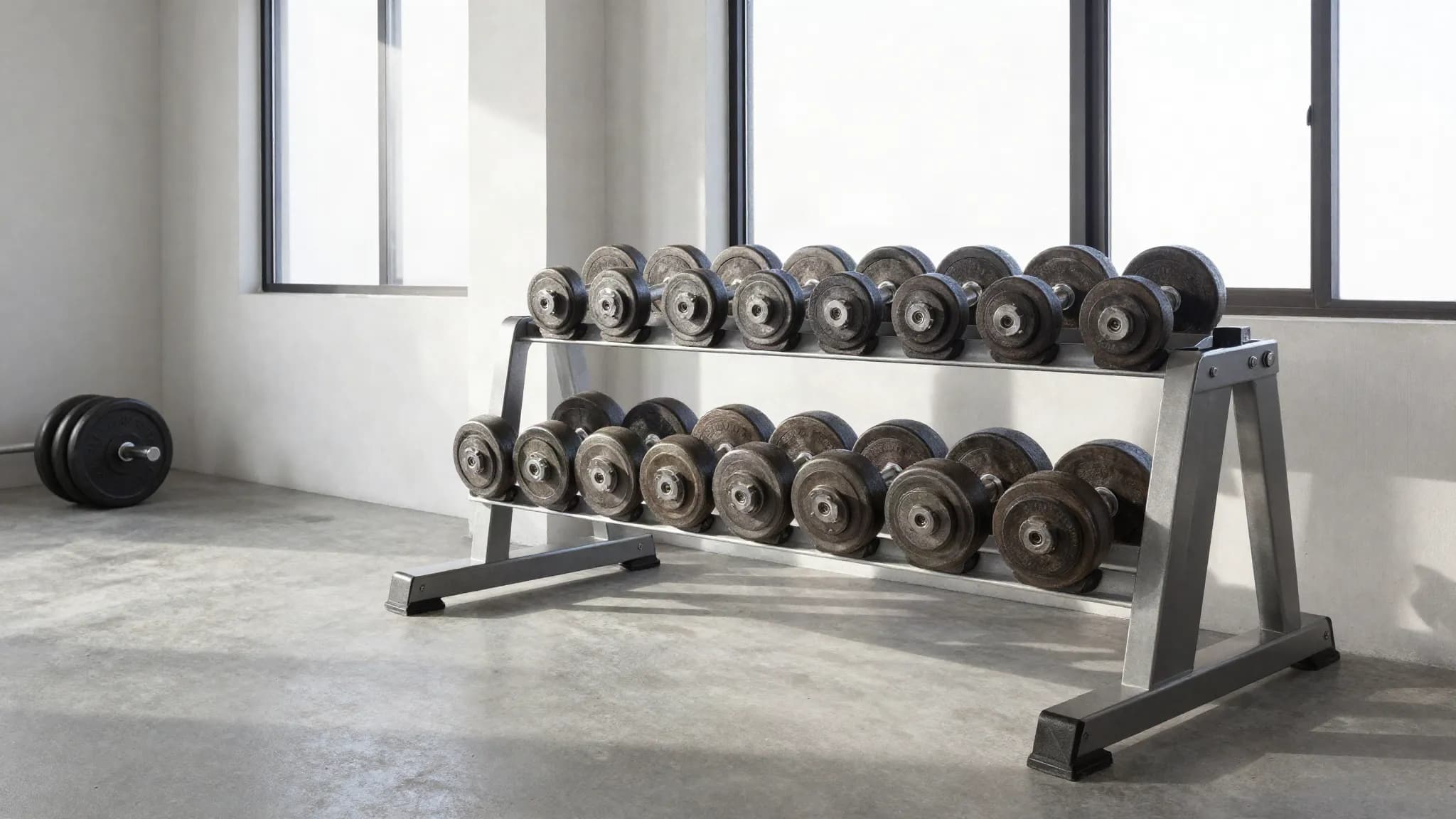 Dumbbells and a loaded barbell in a minimal gym