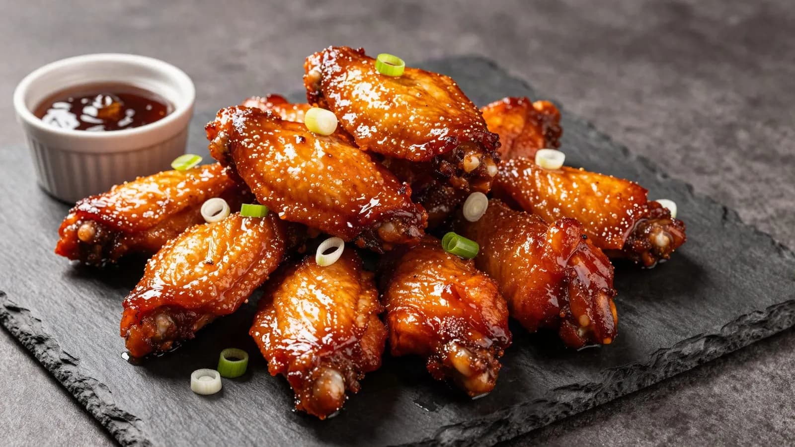 An AI-generated illustration of sticky tamarind glazed chicken wings piled on a platter with sliced spring onion