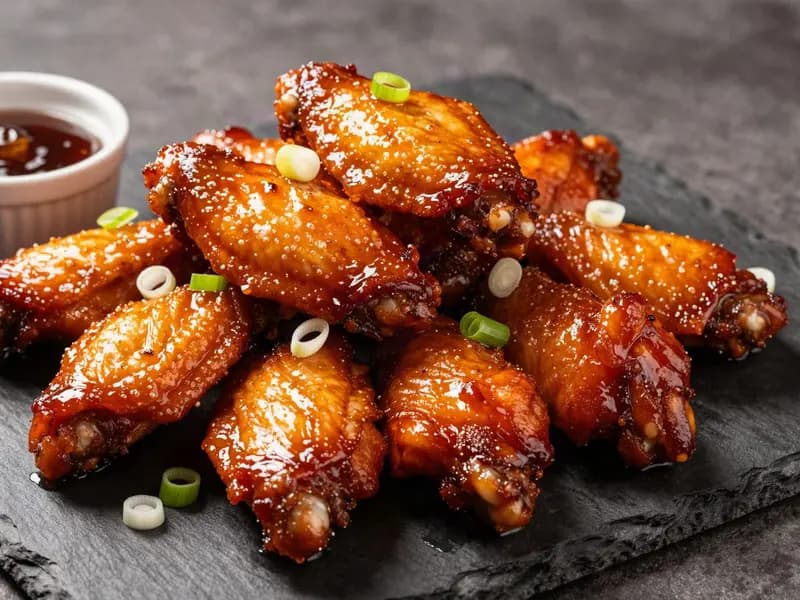 An AI-generated illustration of sticky tamarind glazed chicken wings piled on a platter with sliced spring onion