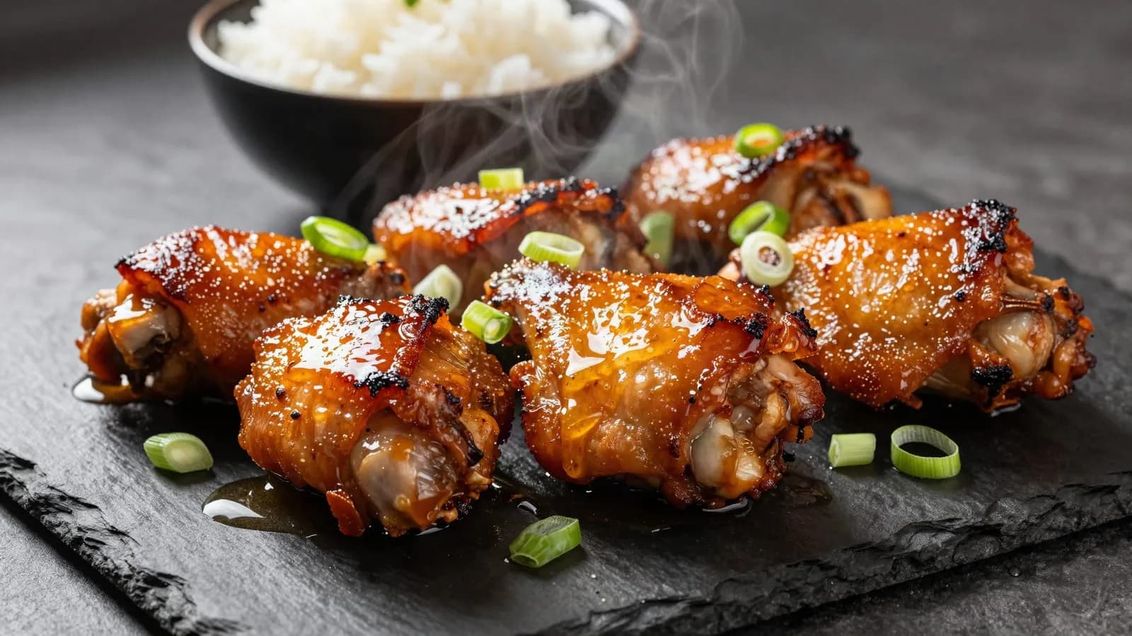 An AI-generated illustration of glossy hot honey glazed chicken thighs on a serving platter with sliced spring onion