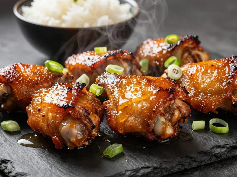 An AI-generated illustration of glossy hot honey glazed chicken thighs on a serving platter with sliced spring onion