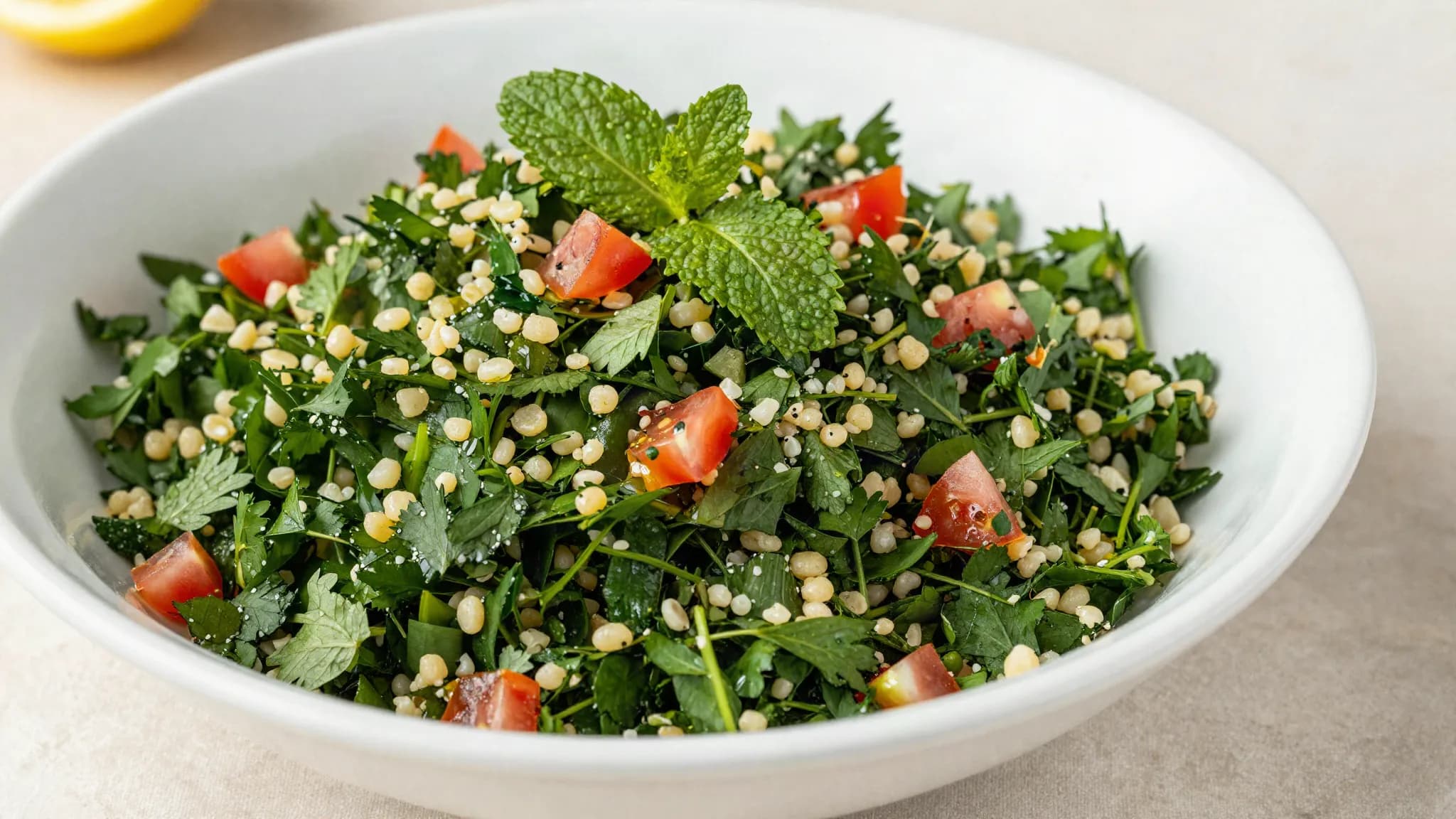 Finely chopped parsley tabbouleh on a white platter
