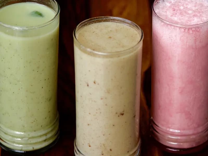 Three tall glasses of Indian dairy drinks side by side: mint chaas, cumin chaas and a pink rose lassi