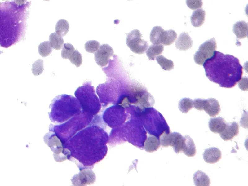 A stained micrograph of small cell lung cancer cells from a fine needle aspirate, showing tightly moulded dark nuclei, a laboratory file image illustrative of the disease and not of any trial patient