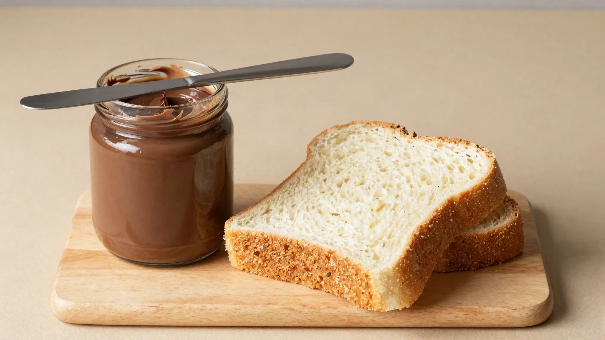 An unbranded jar of chocolate spread beside sliced bread