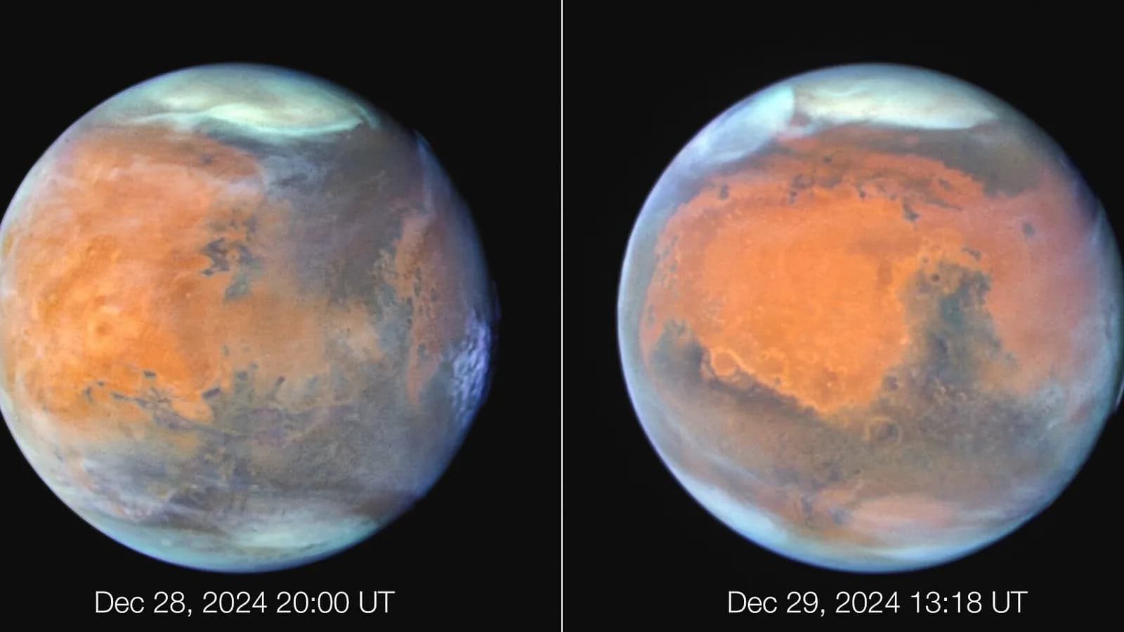 Two Hubble Space Telescope views of the orange planet Mars with white polar and cloud features, taken on 28 and 29 December 2024, a file image of the planet and not of the Teghaza 001 meteorite