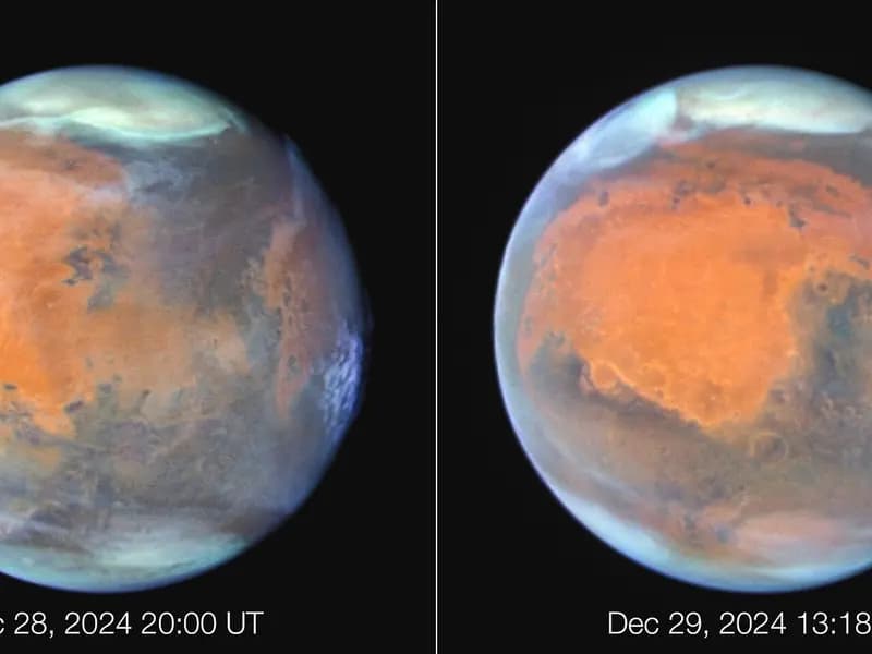 Two Hubble Space Telescope views of the orange planet Mars with white polar and cloud features, taken on 28 and 29 December 2024, a file image of the planet and not of the Teghaza 001 meteorite