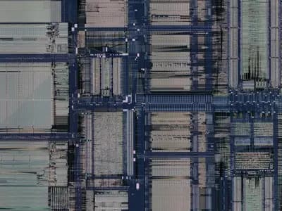 A magnified photograph of the circuitry on a processor die, taken on 15 March 2022, a file photograph illustrative of microprocessor silicon and not of any Tenstorrent chip