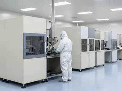 A semiconductor cleanroom with fabrication equipment in rows