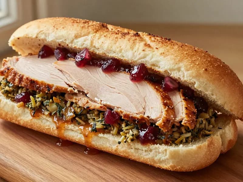 A generated illustration of a turkey, stuffing and cranberry sub cut in half on a wooden board, not a photograph of the Firehouse Subs sandwich