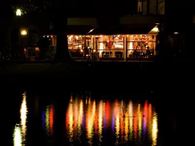 Warm, inviting independent cafe with comfortable seating, natural light, and patrons working and socializing